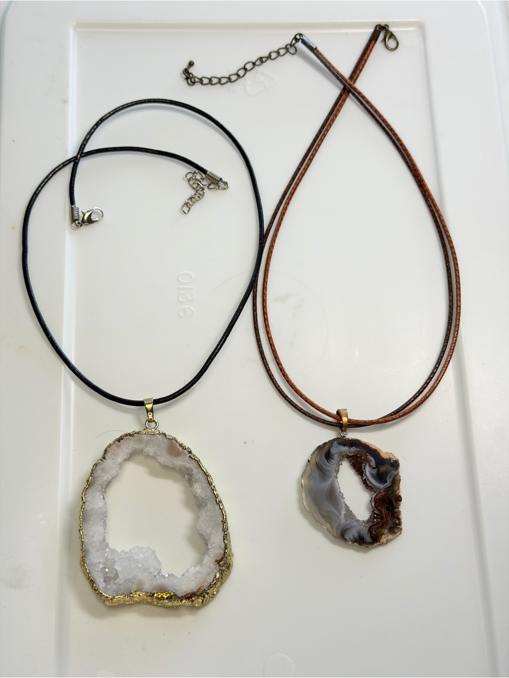 Natural White and one black Geode Pendant Cord Necklaces. Bundle of Two